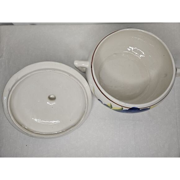 Vtg Mexican Hand Made Painted Decorative Lidded Bean Pot Blue Floral Casserole - Picture 7 of 11